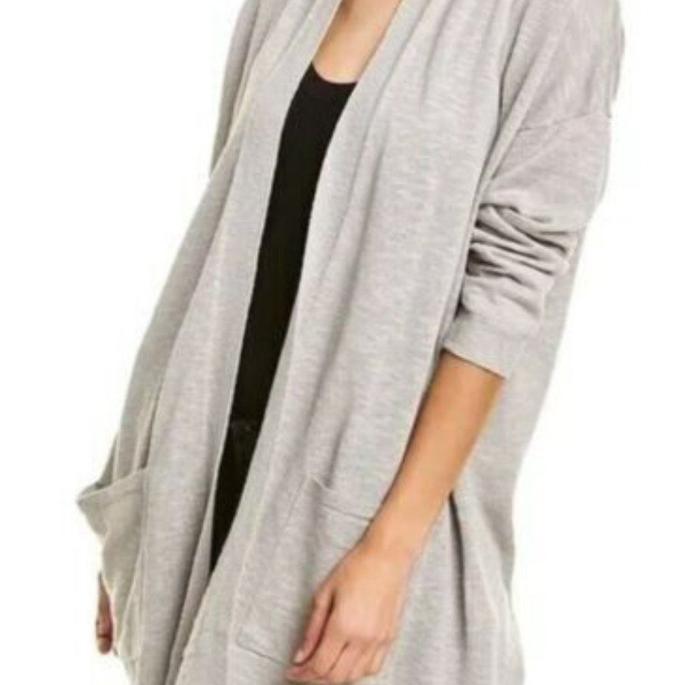 Eileen Fisher Silver Organic Linen High Collar Ribbed Knit Cardigan Size XS
